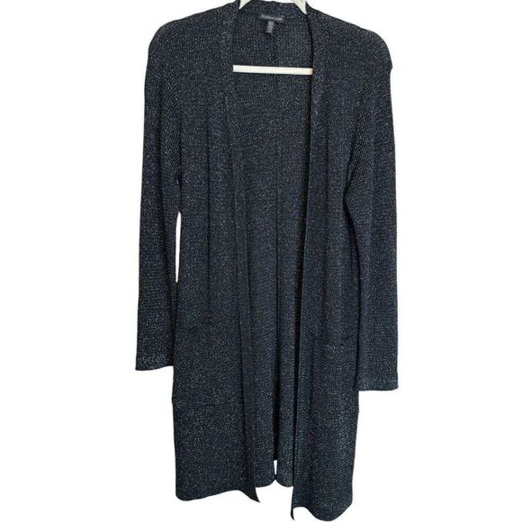 Eileen Fisher Black Merino Wool Open Front Metallic Sparkle Cardigan Sz Medium - Picture 8 of 8